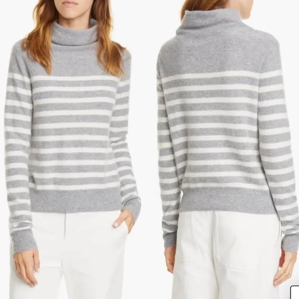 Vince Boiled Cashmere Stripe Turtleneck (gray and white, small)